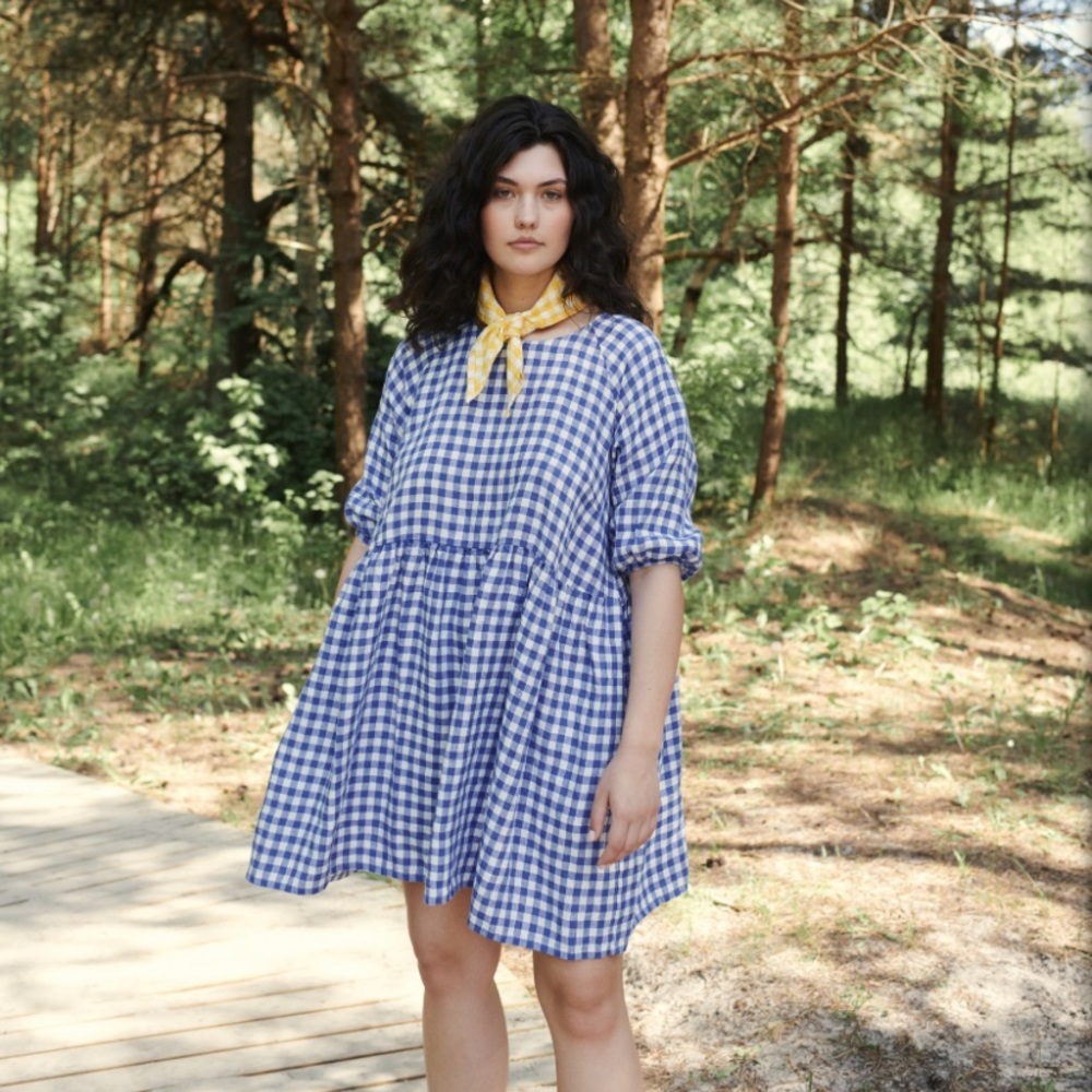 Linenfox size S-M 100% linen blue gingham Beth dress